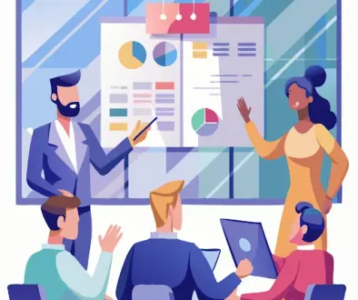 A group of people are sitting around a table in a conference room. They are all looking at a presentation on a laptop (casusbene-conversion-optimierung-1)