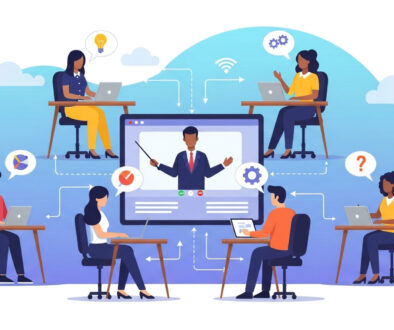 Online education and elearning concept with teacher on computer screen and students learning remotely, vector illustration isolated on white background