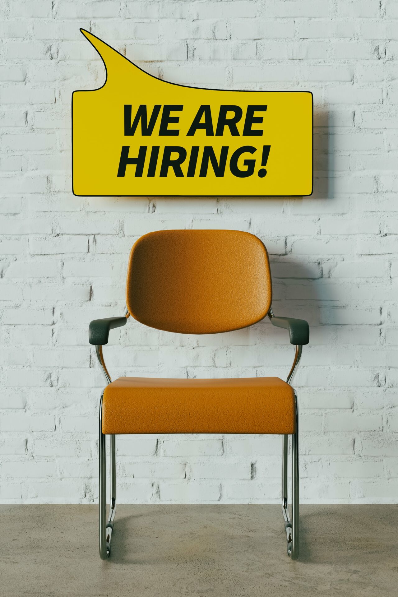 Social Media Recruiting: Abbildung eines leeren Stuhls mit Sprechblase : "We are Hiring" darüber. 